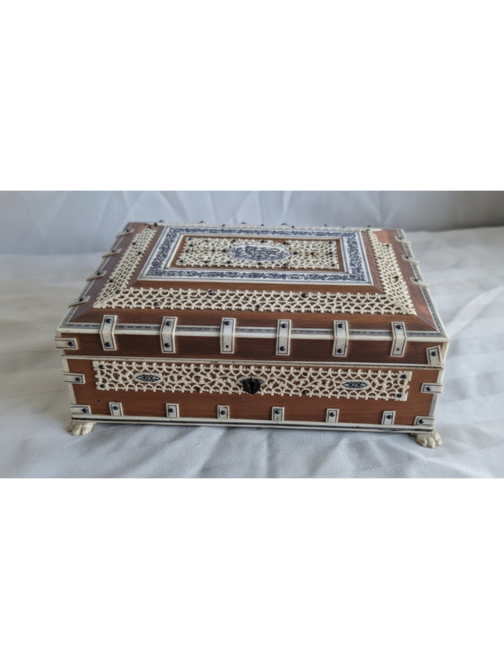 Antique Anglo Indian Vizagapatam Bone Fretwork Sandalwood Workbox